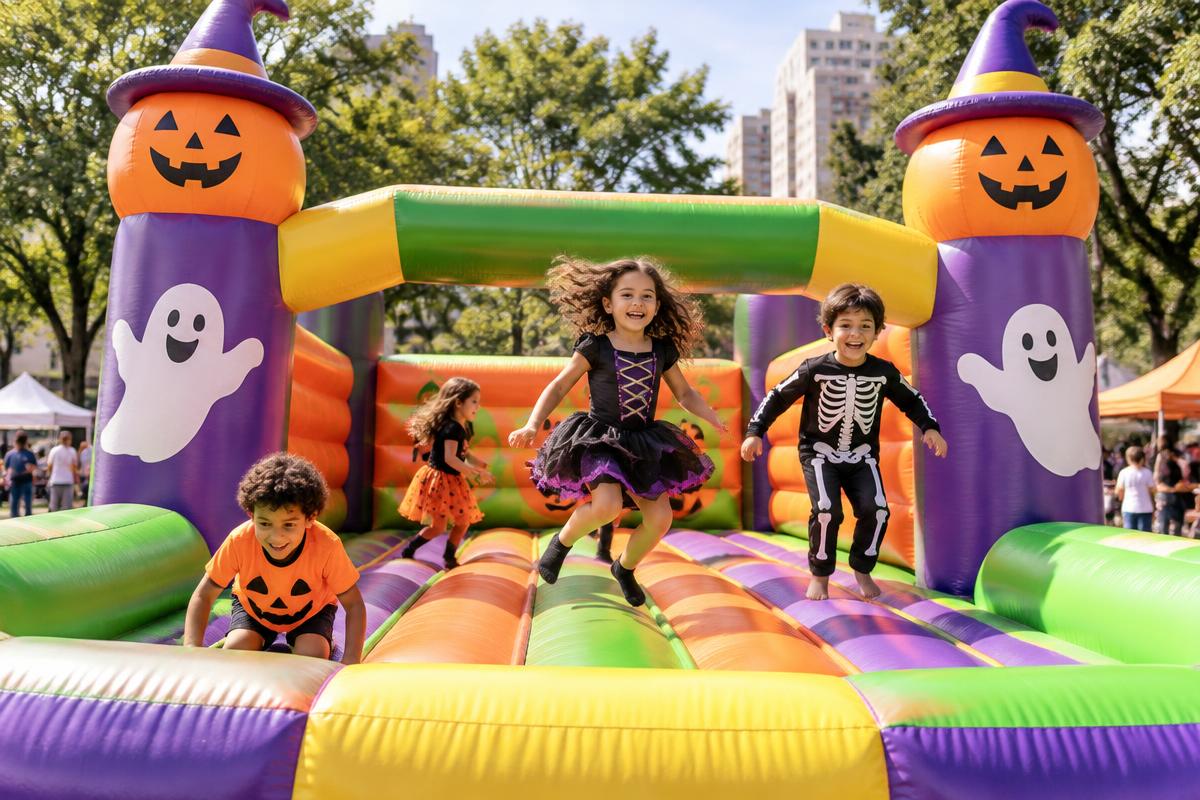 Crianças brincando em inflável temático de Halloween